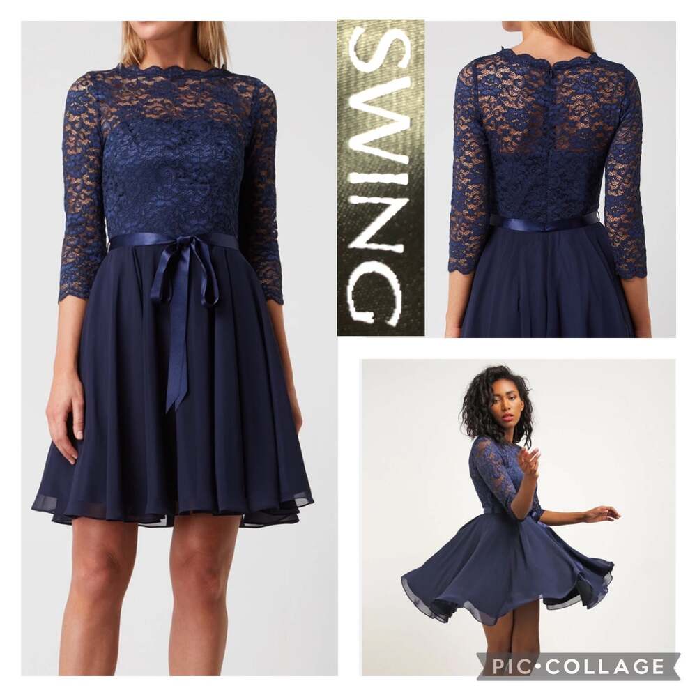 SWING Cocktail fit & flare short short sleeved dress navy lace 6